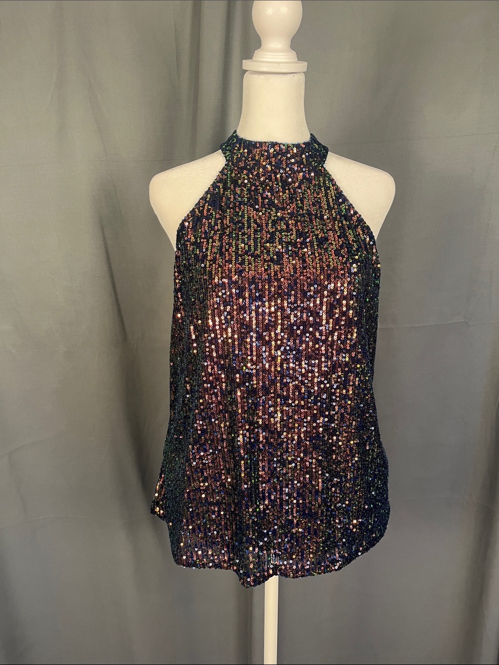 Cable & Gauge Iridescent Sequin Halter Top in Multicolor Black Base